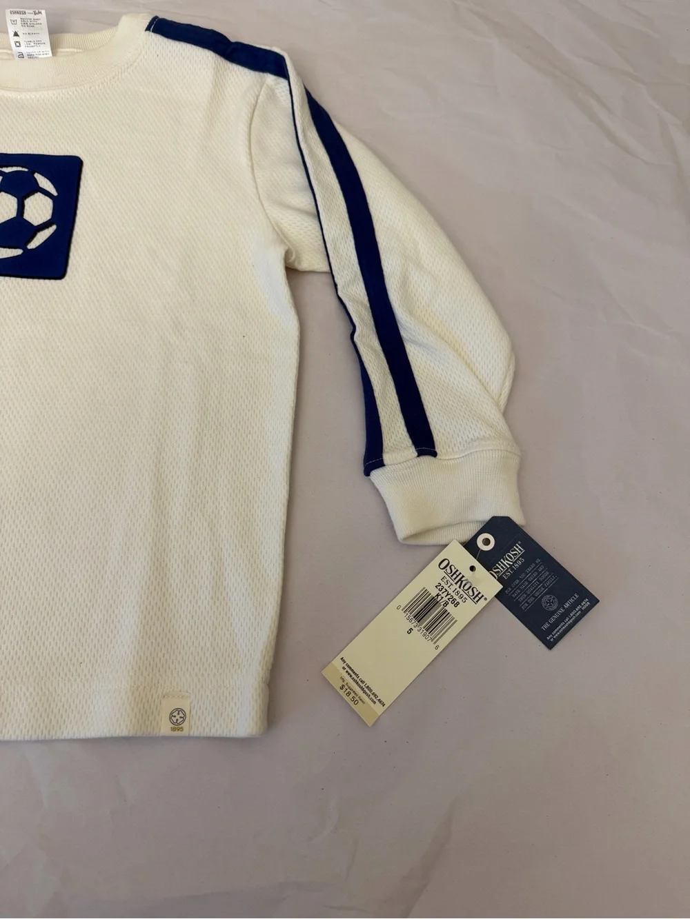 Oshkosh Boys Cream Long Sleeve Soccer Graphic Top with Navy Stripes Sz 5 *Read*